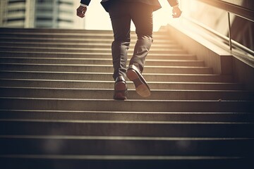 Close up young businessman feet sprinting up stairs office middle image - obrazy, fototapety, plakaty