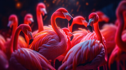 Surreal dreamy wallpaper with pink flamingos. AI