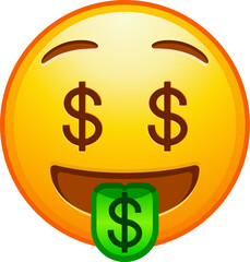 Top quality emoticon. Dollar eyes emoji. Money face emoticon with green tongue. Yellow face emoji. Popular element. Detailed emoji icon from the Telegram app.