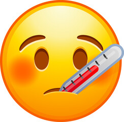 Top quality emoticon. Thermometer in mouth emoji. Sick emoticon with high fever. Yellow face emoji. Popular element. Detailed emoji icon from the Telegram app.