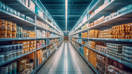 Endless choices in a long, bright supermarket aisle filled with a variety of products, Generative AI