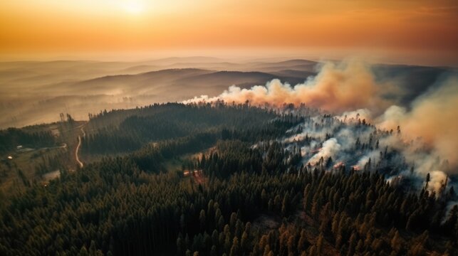 aerial view of a large area with wildfire, ai tools generated image