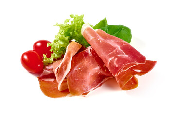 Spanish jamon iberico (serrano ham), isolated on white background. High resolution image.