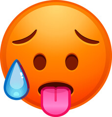 Fototapeta premium Top quality emoticon. Hot emoji. Overheated emoticon, red face with tongue stuck out. Yellow face emoji. Popular element. Detailed emoji icon from the Telegram app.