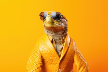 Stylish portrait of dressed up imposing anthropomorphic turtle wearing glasses and suit on vibrant orange background with copy space. Funny pop art illustration. AI generative image.