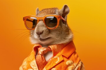 Stylish portrait of dressed up imposing anthropomorphic squirrel wearing glasses and suit on vibrant orange background with copy space. Funny pop art illustration. AI generative image.