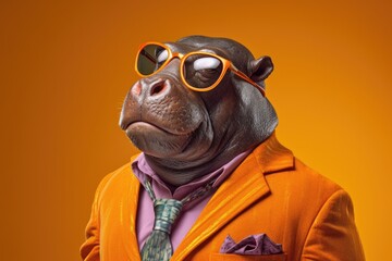 Stylish portrait of dressed up imposing anthropomorphic hippopotamus wearing glasses and suit on vibrant orange background with copy space. Funny pop art illustration. AI generative image. - obrazy, fototapety, plakaty
