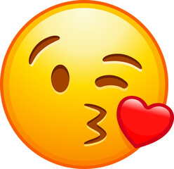 Top quality emoticon. Kiss emoji. Love emoticon with lips blowing a kiss, winking yellow face with red. Yellow face emoji. Popular element. Detailed emoji icon from the Telegram app.