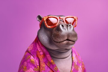 Stylish portrait of dressed up imposing anthropomorphic hippopotamus wearing glasses and suit on vibrant pink background with copy space. Funny pop art illustration. AI generative image. - obrazy, fototapety, plakaty
