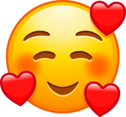 Top quality emoticon. In love emoji. Smiling emoticon with three hearts. Yellow face emoji element. Detailed emoji icon from the Telegram app.