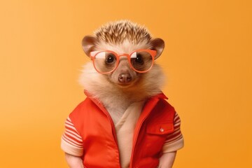 Stylish portrait of dressed up imposing anthropomorphic handsome hedgehog wearing glasses and suit on vibrant orange background with copy space. Funny illustration. AI generative image.