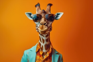 Stylish portrait of dressed up imposing anthropomorphic giraffe wearing glasses and suit on vibrant orange background with copy space. Funny pop art illustration. AI generative image. - obrazy, fototapety, plakaty