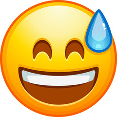 Top quality emoticon. Awkward emoji. Embarrassed laughing emoticon, yellow face with sweat drop. Detailed emoji icon from the Telegram app. - obrazy, fototapety, plakaty