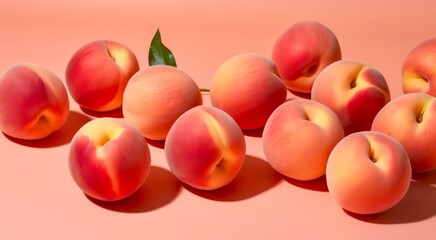 Closeup peaches on pastel orange background. Generative AI.