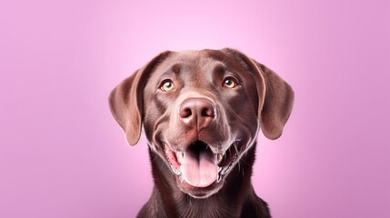 Fototapeta premium Portrait of a cute labrador retriever on a purple background.Generative Ai