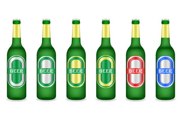 Beer Bottles with Water Drops. Vector Illustration Isolated on White Background. 