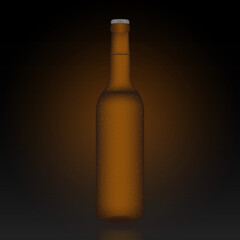 Cold Beer Bottle with Water Drops. Vector Illustration on Dark Background. 