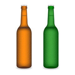 Beer Bottles with Water Drops. Vector Illustration Isolated on White Background. 