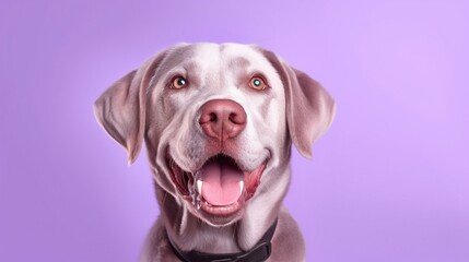 Fototapeta premium Portrait of a cute labrador retriever on a purple background.Generative Ai