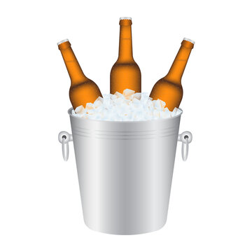 Beer Bottle. Cold Beer Bottle in Ice Bucket. Vector Illustration Isolated on White Background. 