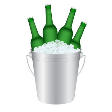 Beer Bottle. Cold Beer Bottle in Ice Bucket. Vector Illustration Isolated on White Background. 