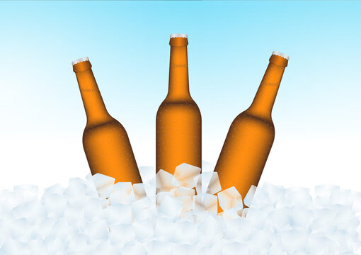 Beer Bottle. Cold Beer Bottle in Ice Cubes. Vector Illustration.