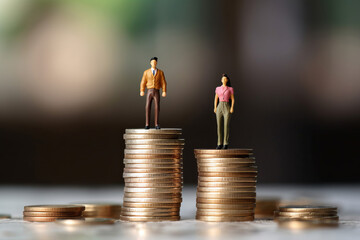 Gender pay gap inequality. Business man and woman on a stack of coins. Generative ai