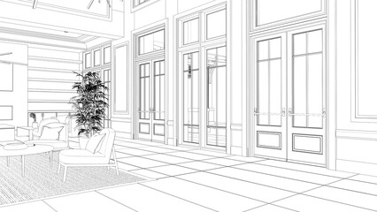 large and spacious interior of the lobby in the hotel, sketch, outline illustration, cg render