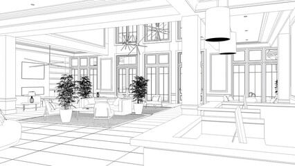 large and spacious interior of the lobby in the hotel, sketch, outline illustration, cg render