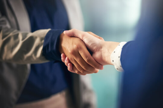 Teamwork, closeup or business people shaking hands in b2b meeting for project or contract agreement. Hiring, handshake zoom or worker with job promotion, deal negotiation or partnership opportunity