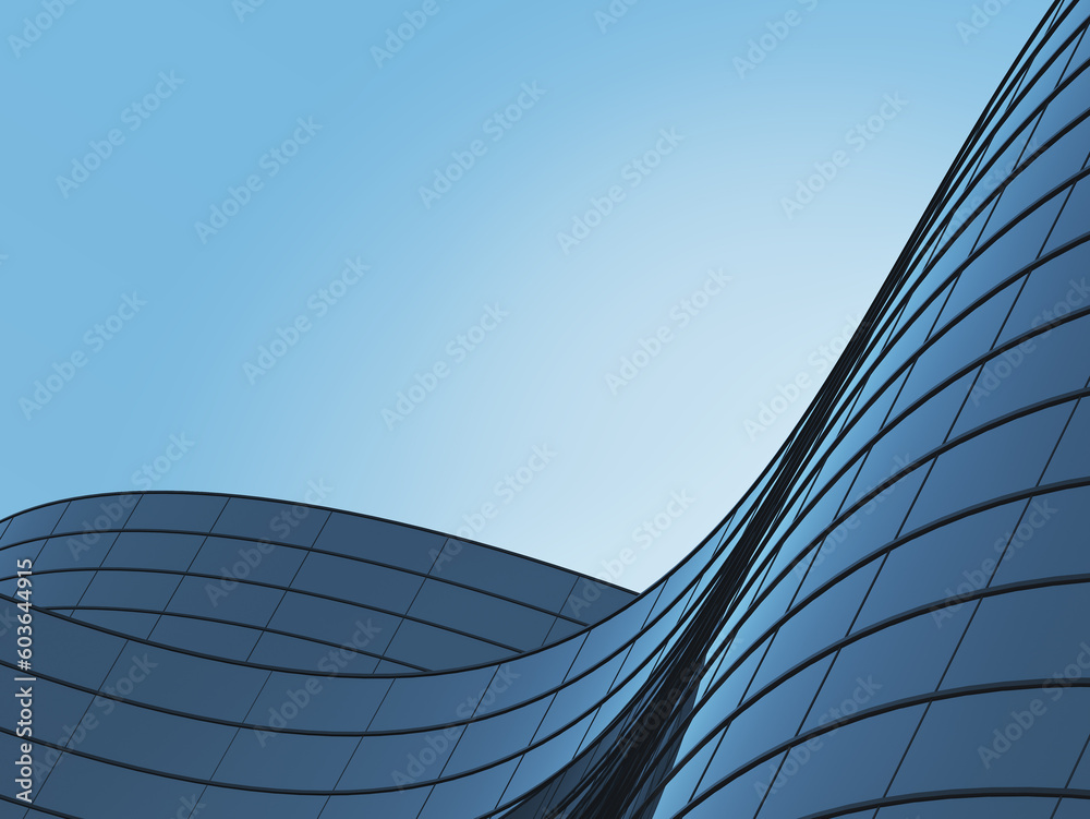 Fototapete 3d render of futuristic architecture, skyscraper building with curve glass window.