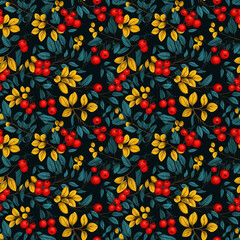 seamless pattern on dark background of flowers leaves and berries. generative ai