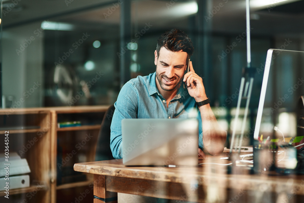 Leinwandbilder happy business man, phone call and laptop in office for conversation, communication and contact for 