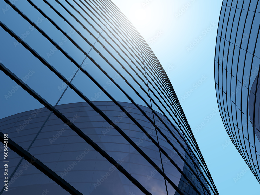 Poster 3d render of futuristic architecture, skyscraper building with curve glass window.