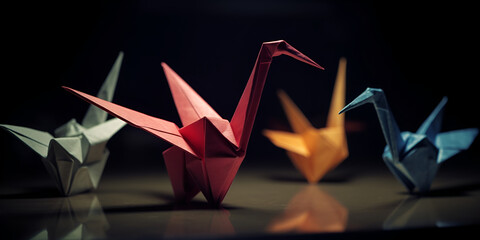 Small paper origami figures, colored origami on the table. Generative AI


