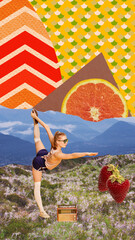 Contemporary art collage. Young slim girl training, stretching over abstract background with berries and citrus. Creative colorful design. Concept of food pop art, fashion, inspiration, organic diet