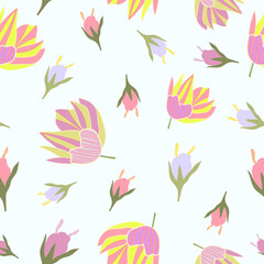 rainbow flowers and rose buds seamless vector pattern. White simple and elegant seamless pattern with flower buds.