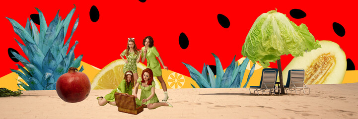 Contemporary art collage. Four beautiful, stylish, young women at picnic against abstract background with fruits and vegetables. Creative colorful design. Concept of food pop art, fashion, inspiratio
