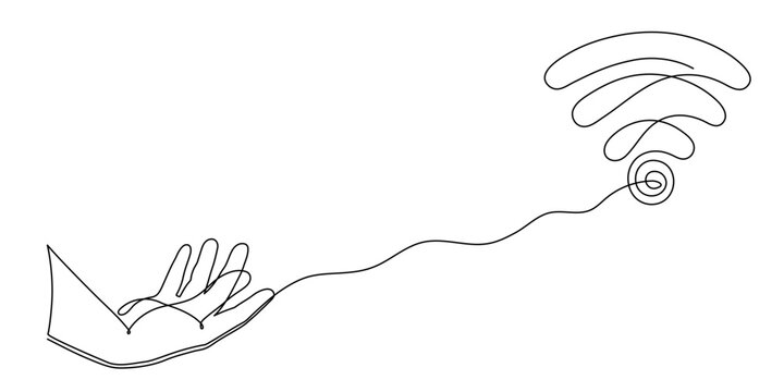 Hand with WI-FI signal one line art,hand drawn pals holds internet hotspot,access point continuous contour.Free zone wireless online concept,template outline.Editable stroke.Isolated.Vector