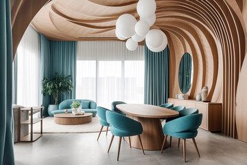 Abstract wooden arched ceiling and wall with curved lines. Interior design of modern living room. Created with generative AI