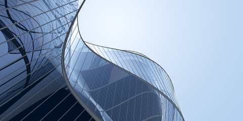 Low angle view of futuristic architecture, Skyscraper of office building with curve glass window, 3D rendering. - 603645965
