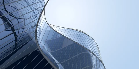 Tapeten Low angle view of futuristic architecture, Skyscraper of office building with curve glass window, 3D rendering. © nuchao