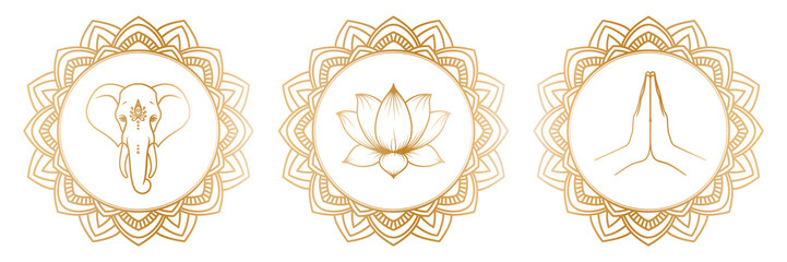 Golden elephant head, lotus flower and hands in mudra Namaste in an round ornate frames in outline style. Illustration on transparent background