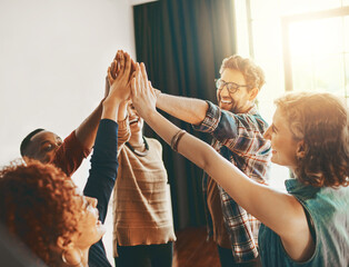 High five, creative or happy people in meeting for team building, motivation or collaboration success. Startup goal, teamwork or excited employees celebrate winning mission victory or group target