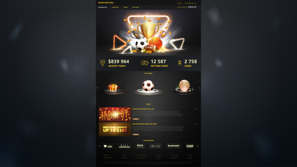 Sports betting, dark and gray template of website with web banners and sports elements