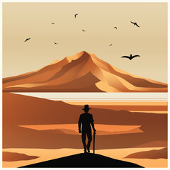 retro science fiction, exploration scene, mystery desert landscape illustration poster