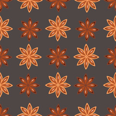 Vintage hand drawn Star Anise seamless pattern. Dried Star Aniseed or lllicium Verum, Used for Seasoning in Cooking. Star anise dessert spice fruit and seeds. Vector illustration.