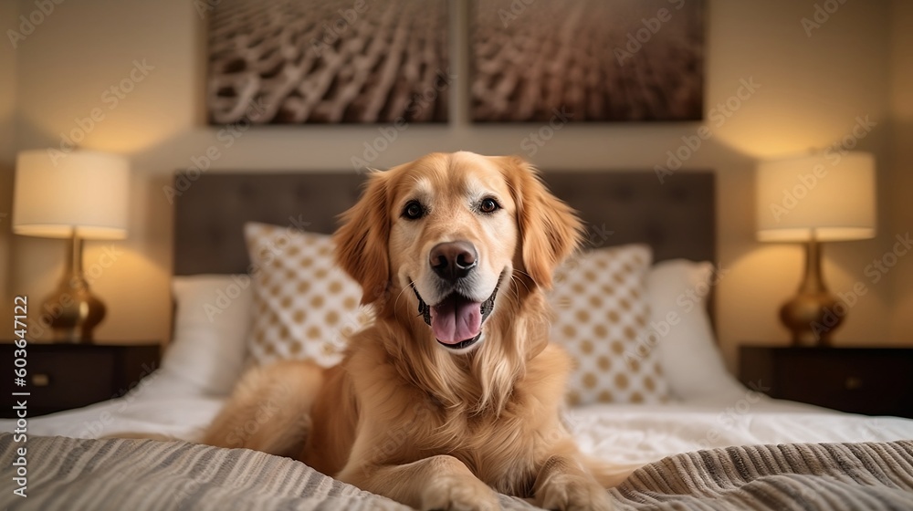 Wall mural golden retriever lying on a bed, majestic portrait - generative ai