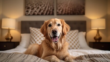 Golden retriever lying on a bed, majestic portrait - Generative AI