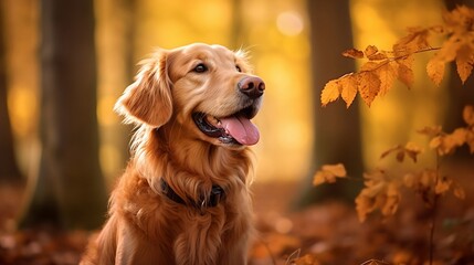 Obraz premium Golden retriever in the forest, majestic portrait - Generative AI